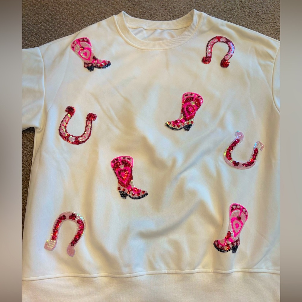 White Sequin Western Boot Sweatshirt - Pink Appliqué